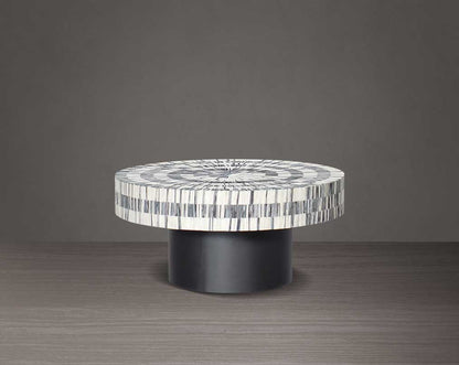 This gorgeous antique black and white inlay coffee and end table with a black metal base is a perfect statement piece in your living room- small size.