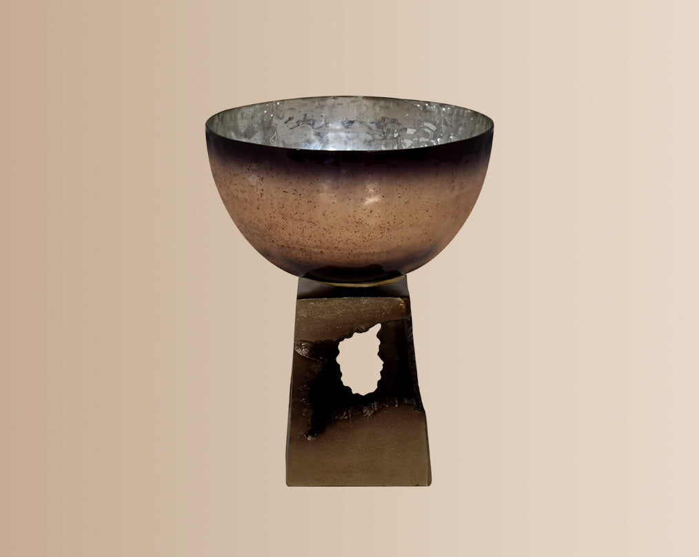 Bowl in champagne & bronze luster glass and antique gold aluminum decorative base large 