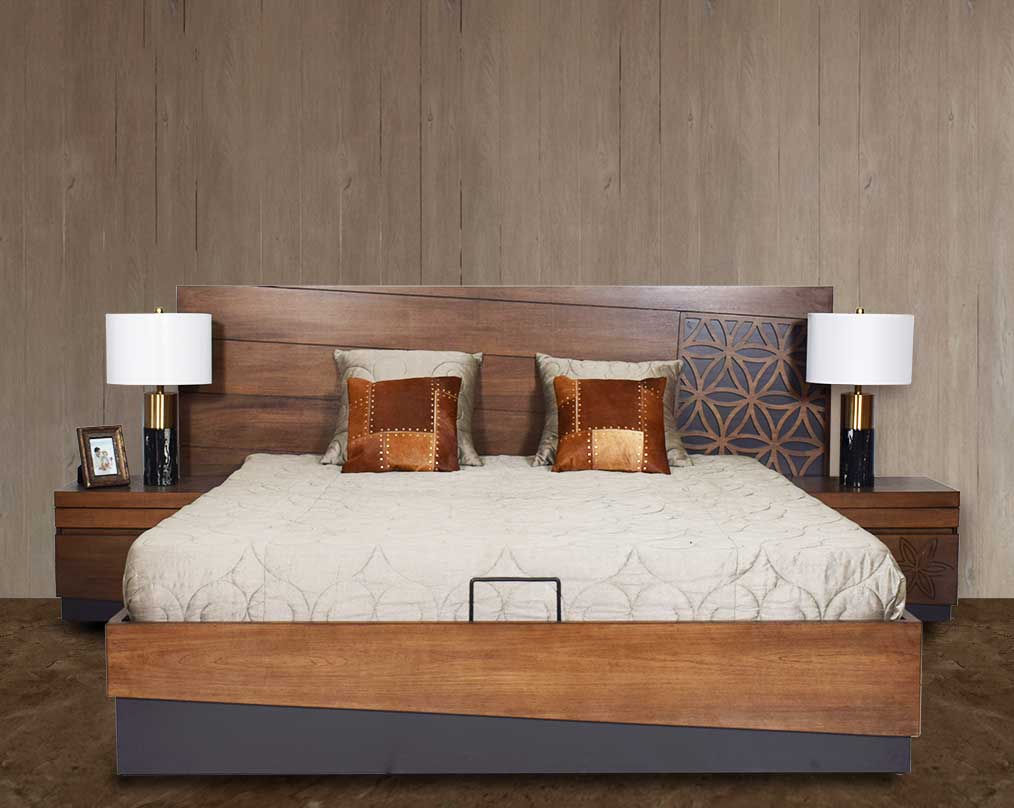 "This luxurious king-size bed adds a natural & rustic opulent style to your space.. Bedside table with one drawer in dark walnut & a dresser mirror with 4 drawers."