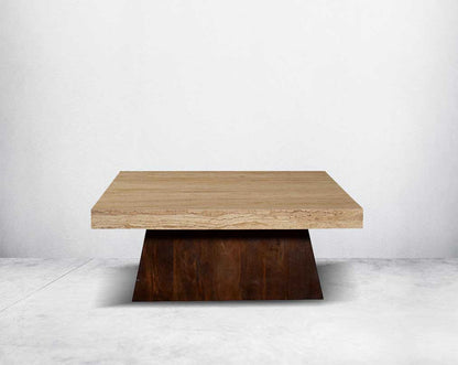 This stylish square coffee table is an embodiment of rustic luxury. It is cast in travertine Italian marble with a wooden conical base front view