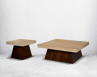 This stylish square coffee and end table set is an embodiment of rustic luxury. It is cast in travertine Italian marble with a wooden conical base.