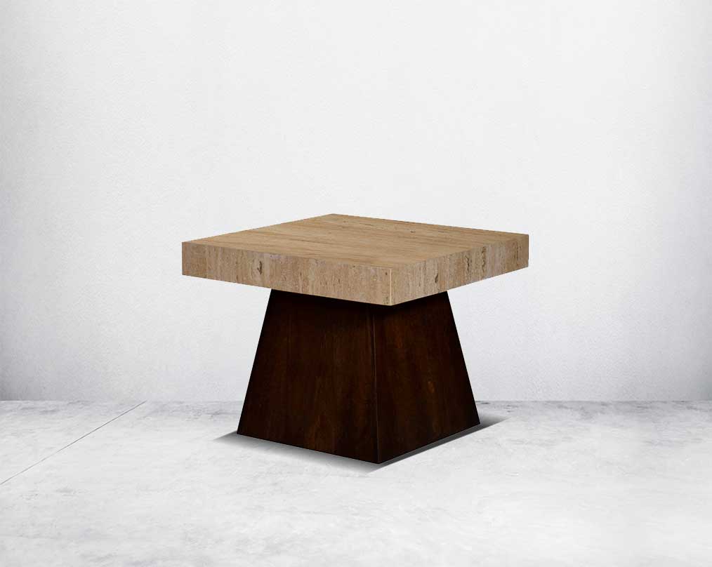 This stylish square coffee and end table set is an embodiment of rustic luxury. It is cast in travertine Italian marble with a wooden conical base.