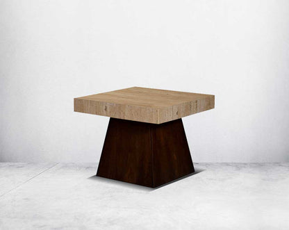 This stylish square coffee and end table set is an embodiment of rustic luxury. It is cast in travertine Italian marble with a wooden conical base.