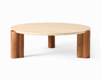 Wooden coffee table with a light wooden top and dark wooden legs on a white background