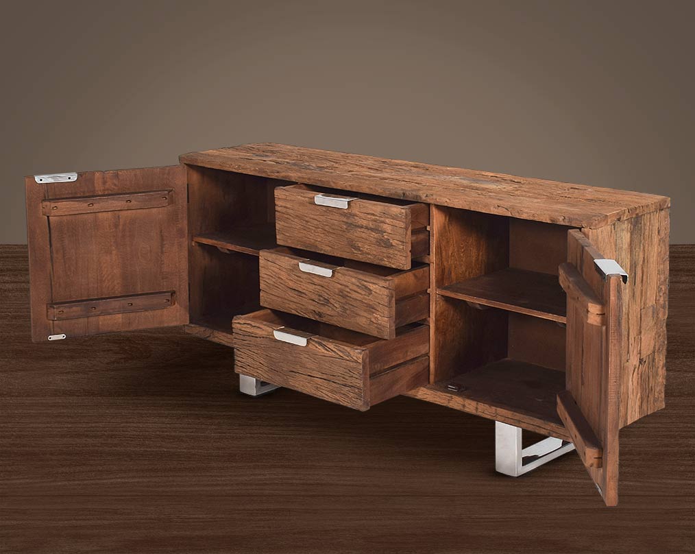 Sideboard/ Buffet in sleeper wood  with 4 open drawer which has been recycled from railway tracks in a rustic and natural finish with stainless steel base and handles.