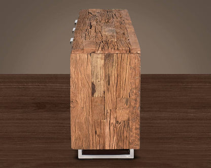 Sideboard/ Buffet in sleeper wood which has been recycled from railway tracks in a rustic and natural finish with stainless steel base and handles.