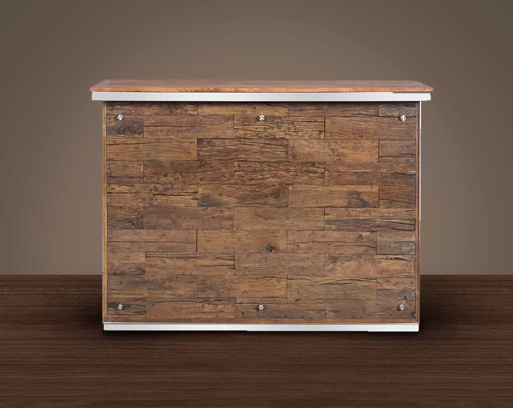 Bar counter in mango wood and stainless steel, back with front in glass and sleeper wood which has been recycled from railway tracks in a rustic & natural finish with storage.