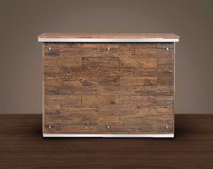 Bar counter in mango wood and stainless steel, back with front in glass and sleeper wood which has been recycled from railway tracks in a rustic & natural finish with storage.