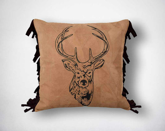 Leather cushion with deer print and felt fringes