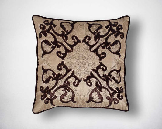 Dark brown and cream poly silk embroidered cushion.