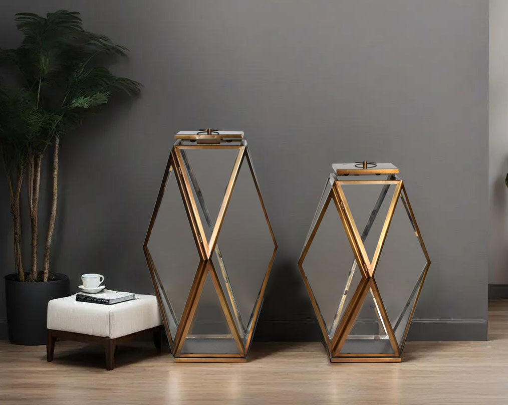 Lantern with clear glass  with table and brass-plated stainless steel.