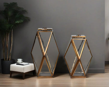 Lantern with clear glass  with table and brass-plated stainless steel.