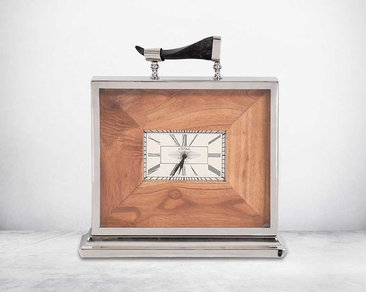 Square table clock in nickel and wood in roman numerals.