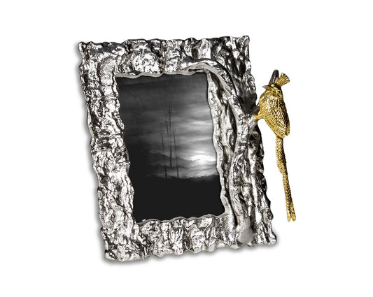 photo frame in aluminium finished in gold with bird motif