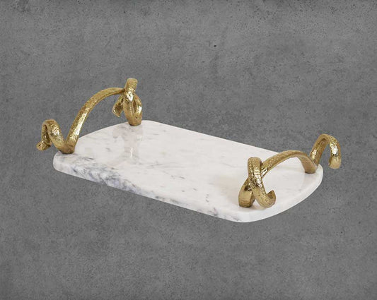 Marble Platter/ Cheese board in white with lustrous gold-finished handles.