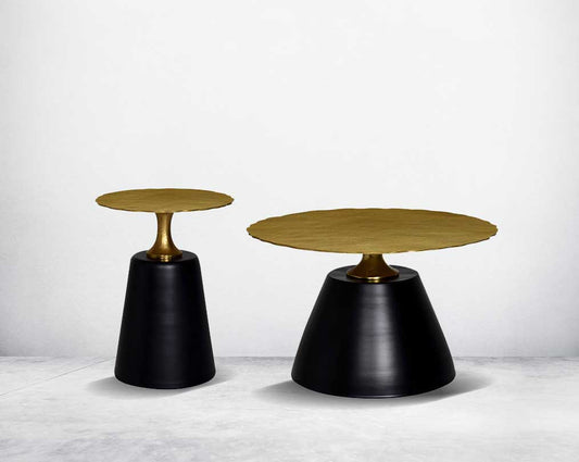 This round coffee & end table set comes with an antique gold top and black aluminium conical base  This table exudes style & sophistication for any living area