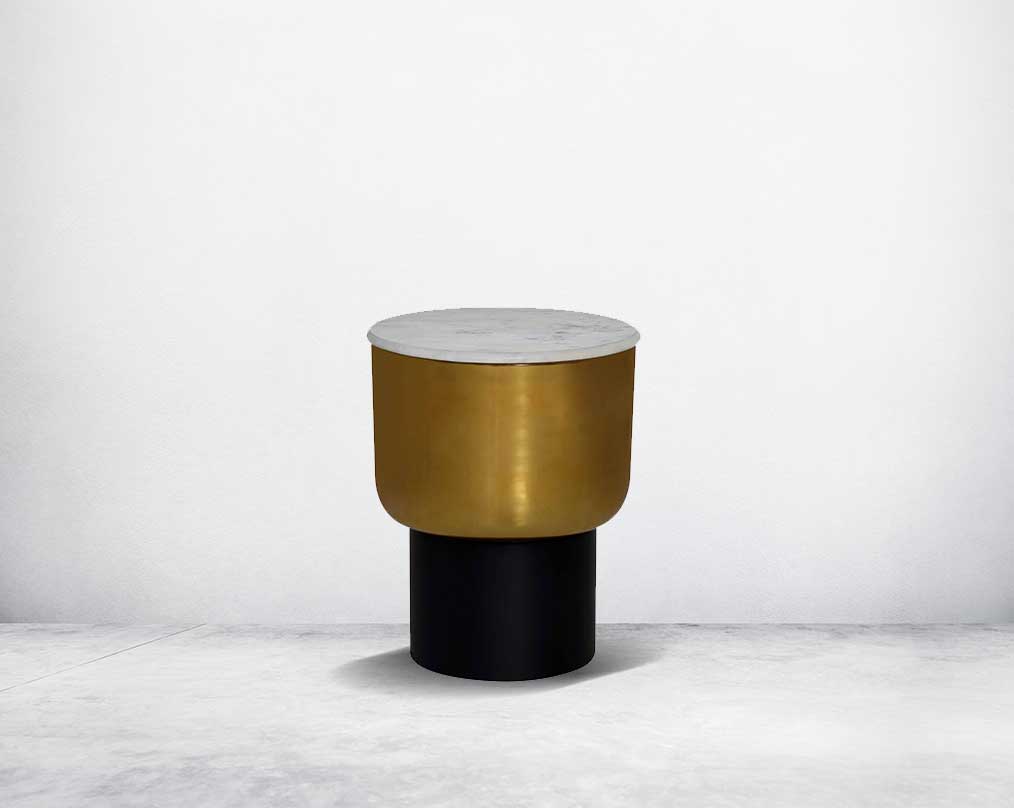 Shop this beautiful & expertly crafted drum storage coffee & end table set, which comes with a white marble top & gold finish with a black base.