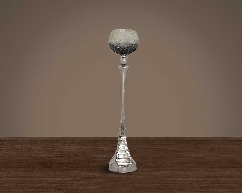 Pillar goblet candle holder in white & grey lustre glass with nickel-plated textured aluminum decorative base. small