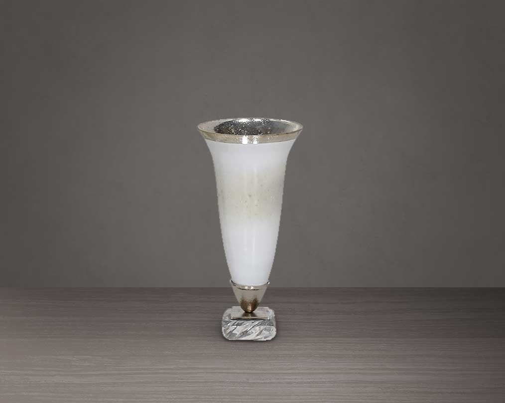 Hurricane candle stand in white and silver lustre glass with arctic breeze feel & nickel plated acrylic textured decorative base. small