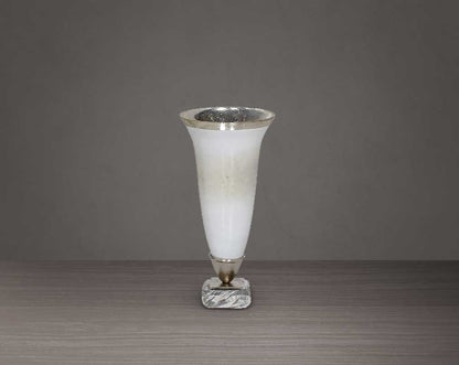 Hurricane candle stand in white and silver lustre glass with arctic breeze feel & nickel plated acrylic textured decorative base. small