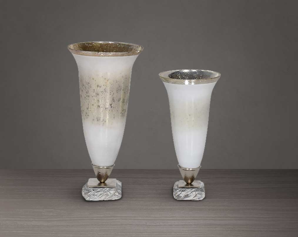 Hurricane candle stand in white and silver lustre glass with arctic breeze feel & nickel plated acrylic textured decorative base. 1 large 2 small