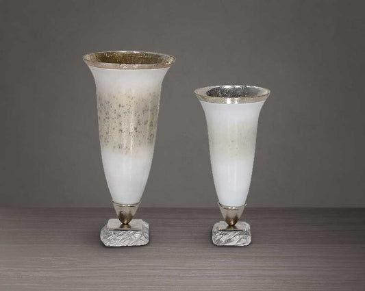 Hurricane candle stand in white and silver lustre glass with arctic breeze feel & nickel plated acrylic textured decorative base. 1 large 2 small