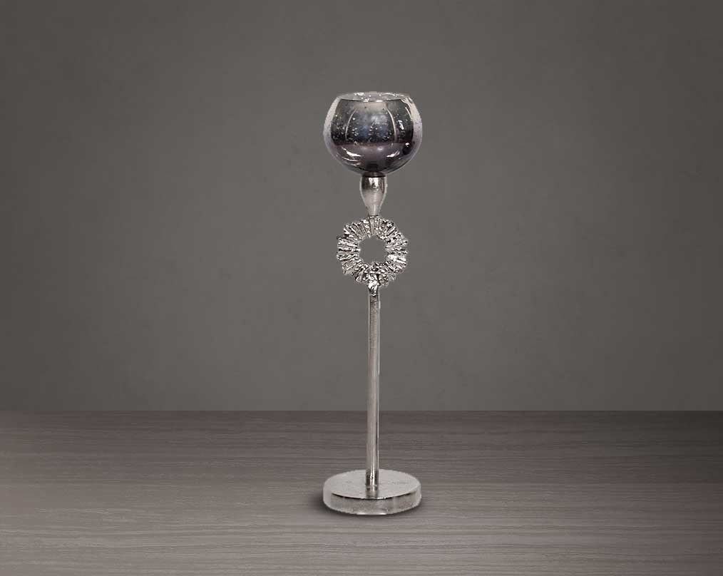 Goblet glass votive t-lite holder in textured black & grey luster glass with nickel finish aluminum decorative base. large