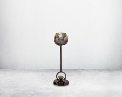 Pillar goblet candle holder in brown lustre glass with nickel-plated textured aluminum decorative base with a zeolite stone motiff "small