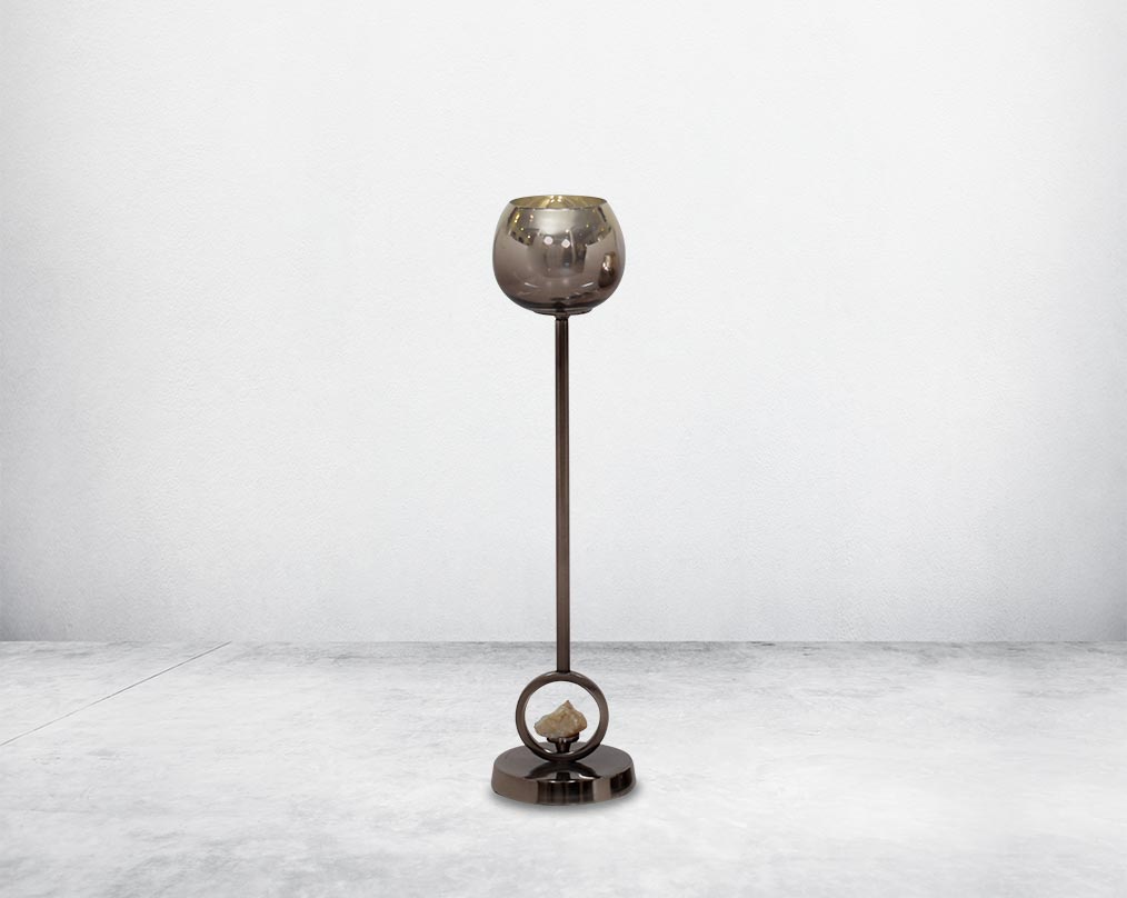 Pillar goblet candle holder in brown lustre glass with nickel-plated textured aluminum decorative base with a zeolite stone motiff "  large 