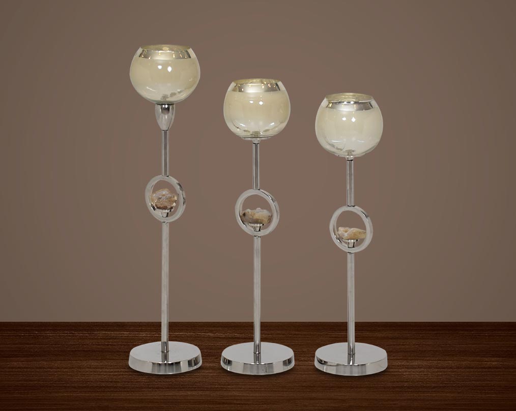 "Pillar goblet candle holder in taupe lustre glass with nickel-plated textured aluminum decorative base. " 1large 2 medium 3 small