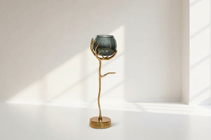 Goblet glass votive t-lite holder in textured moss luster glass with gold finished aluminum decorative base. small