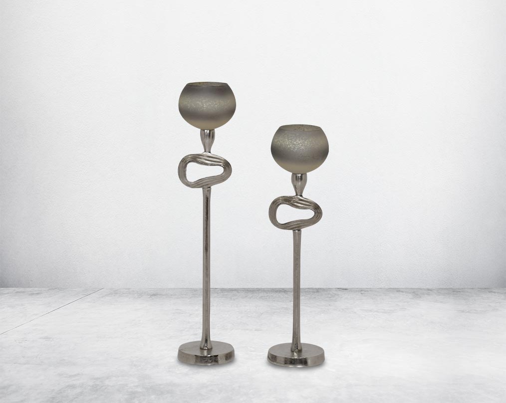 "Pillar goblet candle holder in white & grey luster glass with nickel-plated textured aluminum decorative base. "1 large 2 small