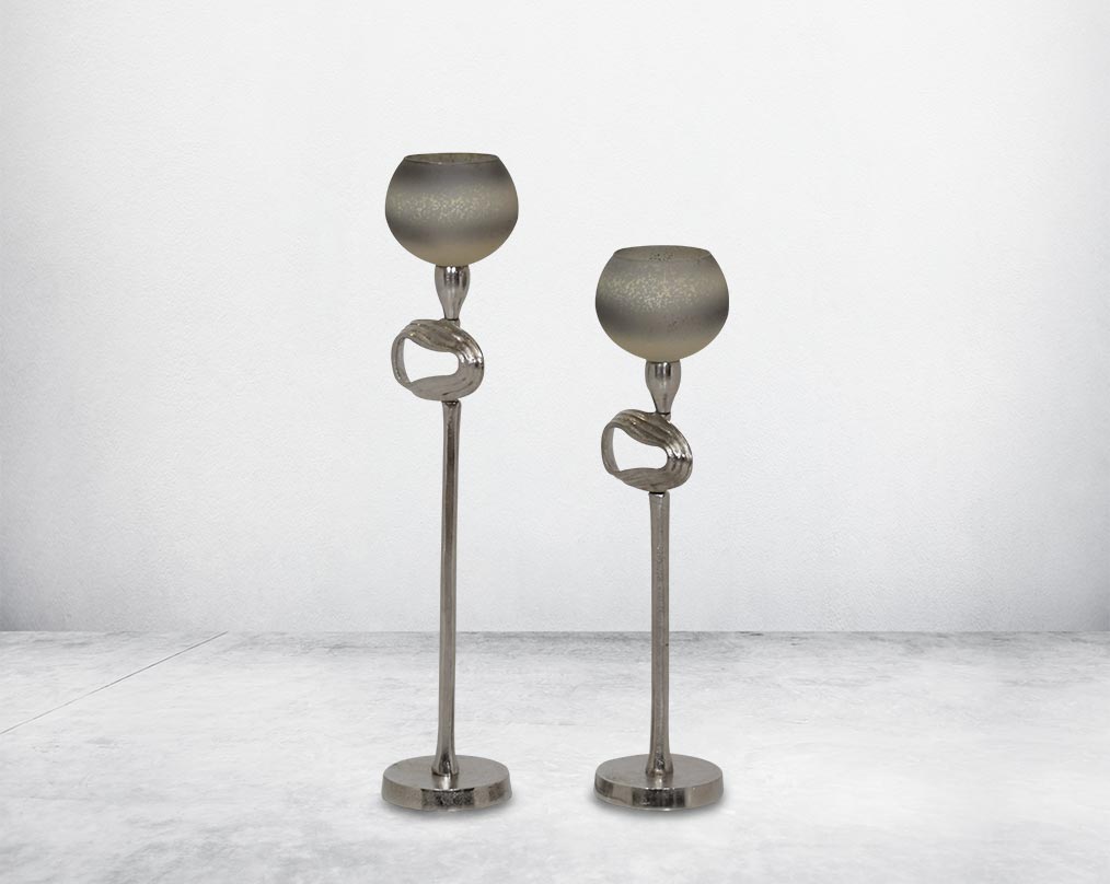 "Pillar goblet candle holder in white & grey luster glass with nickel-plated textured aluminum decorative base. "1 large 2 small