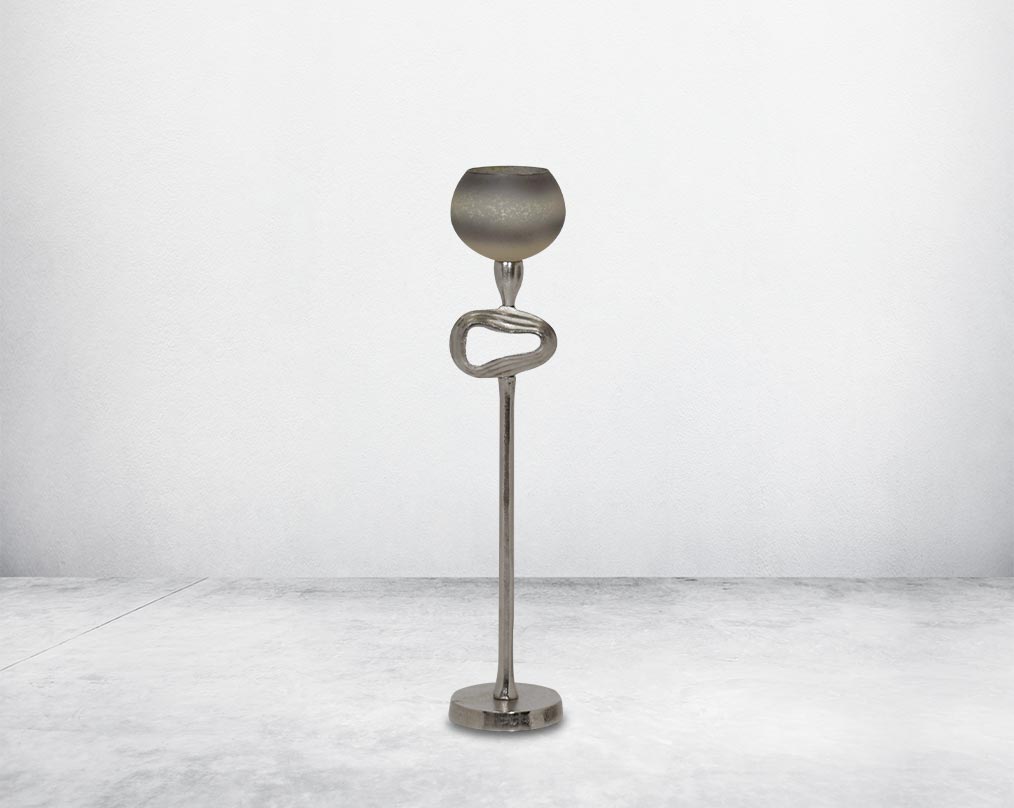 "Pillar goblet candle holder in white & grey luster glass with nickel-plated textured aluminum decorative base. "large 