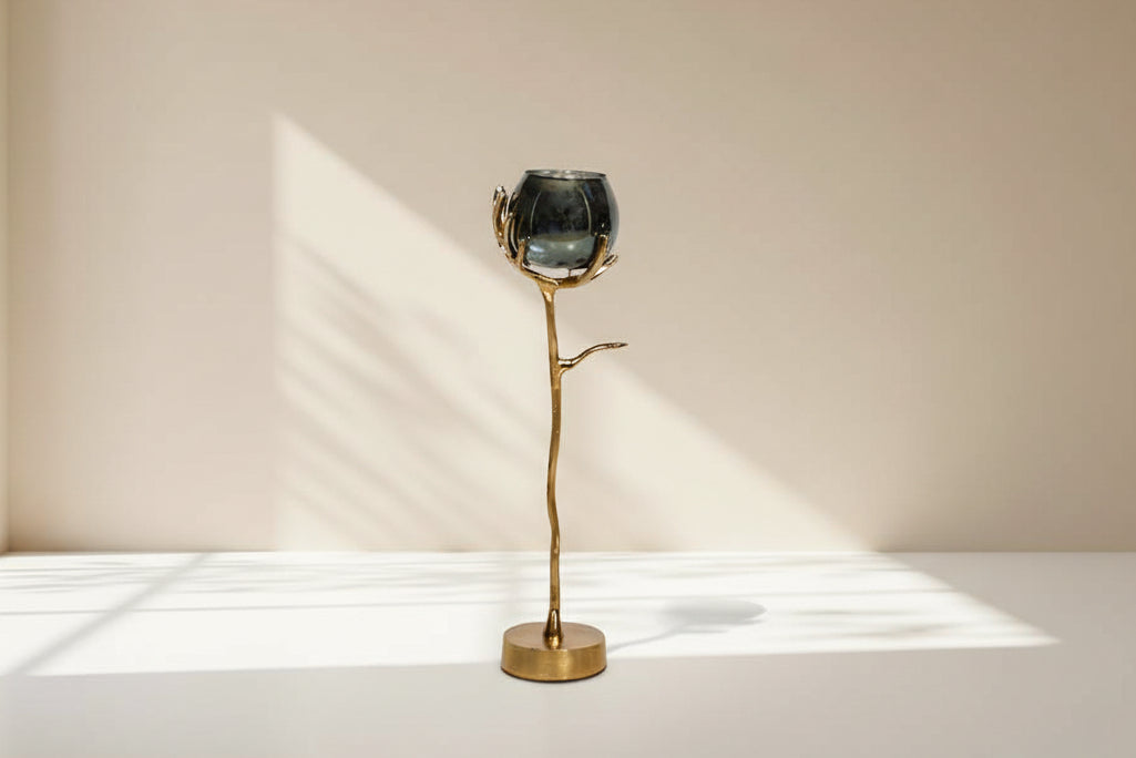 Goblet glass votive t-lite holder in textured moss luster glass with gold finished aluminum decorative base. large 