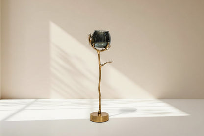 Goblet glass votive t-lite holder in textured moss luster glass with gold finished aluminum decorative base. large 