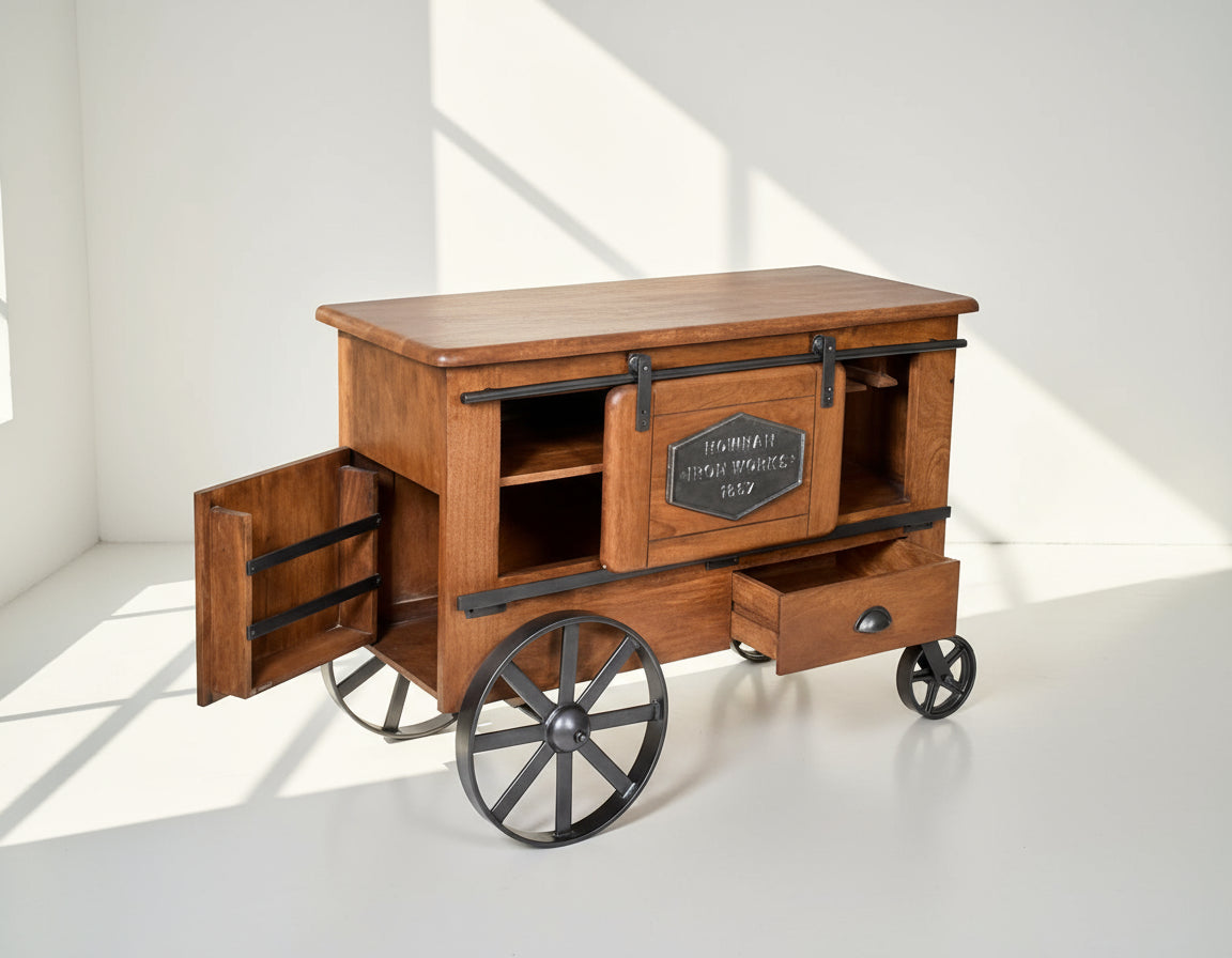 Wine cart/ bar with a vintage look in mango wood open drawer and powder-coated iron wheels with storage.
