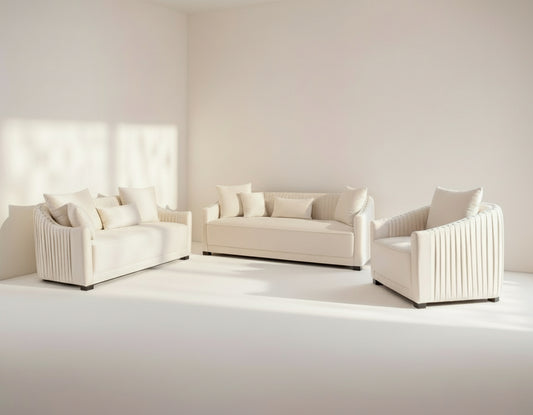 This 3+2+1 sofa  is a sensory experience of luxurious relaxation and esoteric design. With a curvilinear silhouette, it features rich fabric upholstery on wooden frame conjuring the right sensations of comfort and inevitable luxury.