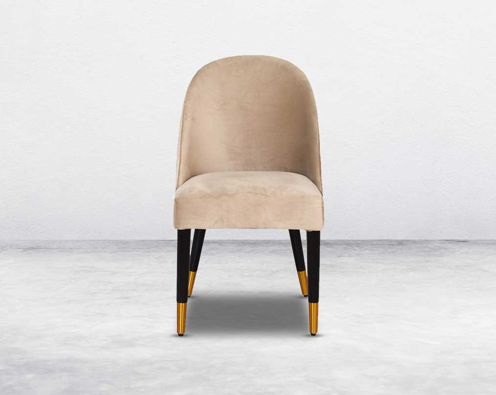 "Minimalistically designed chair front with wooden legs for enhanced durability. it is a contemporary must have with padded fabric upholstery with a walnut base & metal splayed legs "