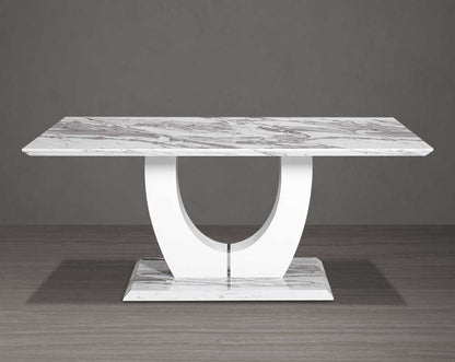 This 6 seater dining table comes with a white imitation Italian marble top with front view.