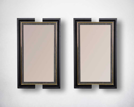 Smoky brown mirrors in dark oak with antique gold design motif.