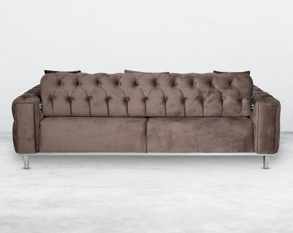 This 3  sofa set beautifully showcases the ancient craft of button tufting upholstery throughout the front along with the use of excellent quality fabric and comfortable seating for a sophisticated appeal.