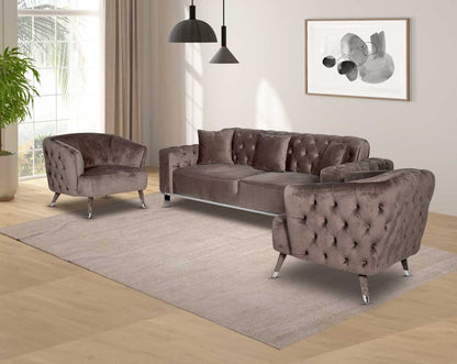 This 3+1+1 sofa set beautifully showcases the ancient craft of button tufting upholstery throughout the front along with the use of excellent quality fabric and comfortable seating for a sophisticated appeal.
