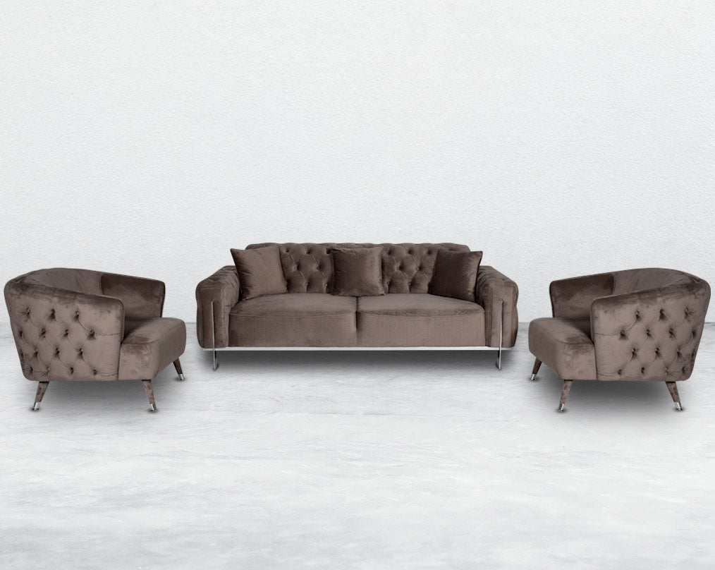 This 3+1+1 sofa set beautifully showcases the ancient craft of button tufting upholstery throughout the front along with the use of excellent quality fabric and comfortable seating for a sophisticated appeal.