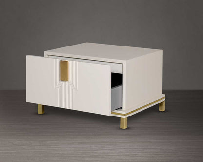 Bedside table lacquered in high gloss with a spacious open drawer with gold finish handle & base.