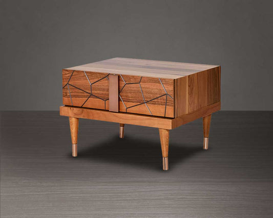 Symmetry and style define this eye-catching bedside table constructed from walnut veneer in a geometric pattern, one drawer with a rose gold plated stainless steel handle with wood base.