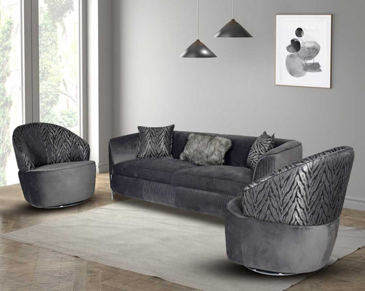 Comfort and style define this sofa set. This 3 seater sofa features a gorgeous profile upholstered in striped soft luxurious fabric with curved arms & dark grey imitation feathered cushions to compliment