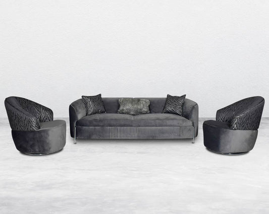 Comfort and style define this sofa set. This 3 seater sofa features a gorgeous profile upholstered in striped soft luxurious fabric with curved arms & dark grey imitation feathered cushions to compliment