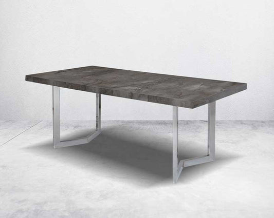 This 6-seater dining table comes with an iron grey imitation Italian marble top with a stainless steel gloss finished base in modern design.