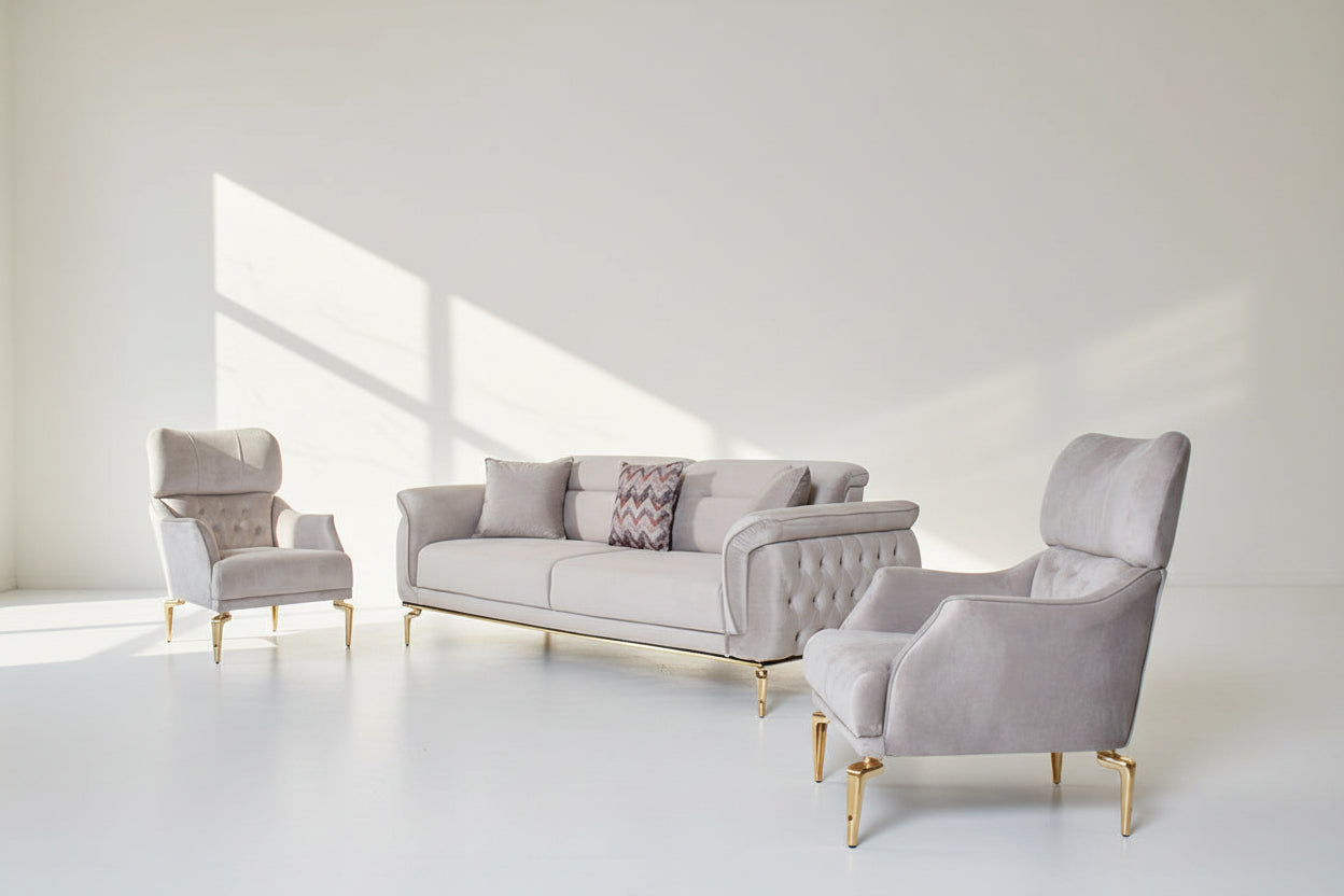 3 +1+1seater sofa upholstered in fabric with tufted back & sides in modern classic design. The backrest is reversible which creates more sitting space